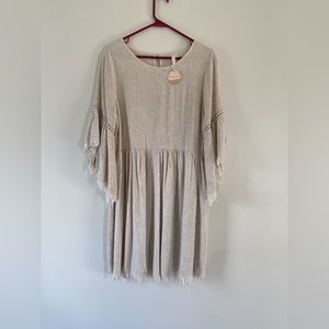 Beige Raw Edge Bell Sleeve Babydoll Maternity Dress